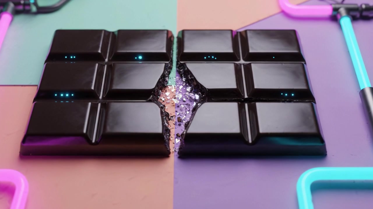 A captivating display of a broken black gadget revealing glittering pieces, contrasted against a pastel backdrop with vibrant neon lighting, depicting an imaginative scene.