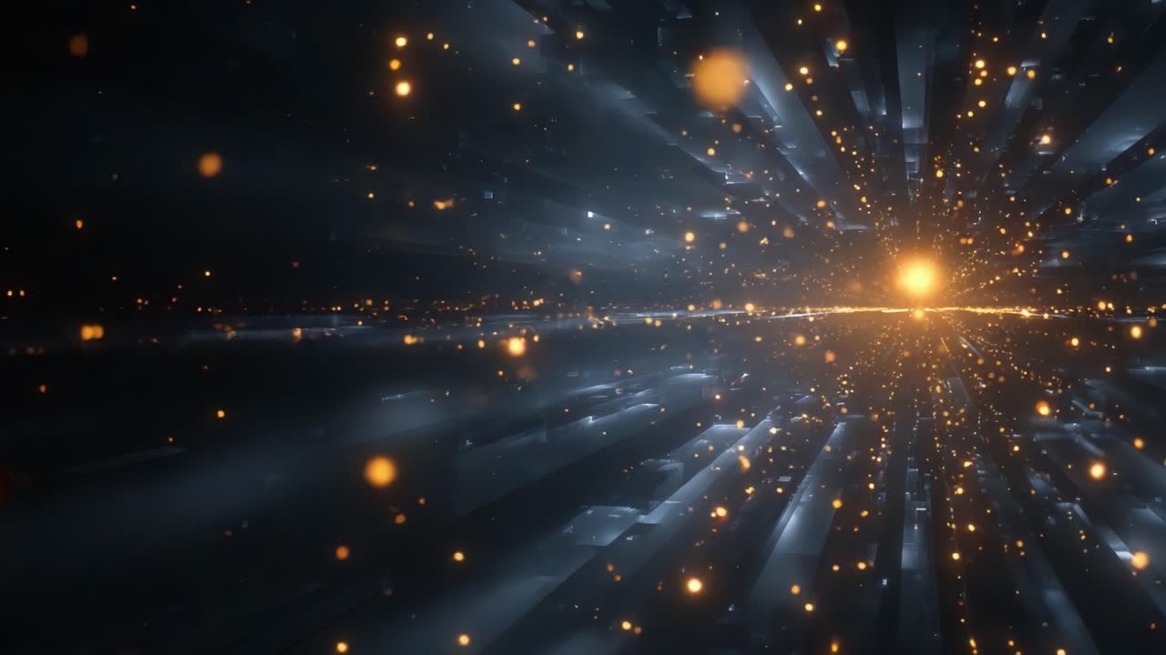Un viaggio visivo ipnotico attraverso uno spazio cosmico pieno di luci e raggi dorati radiosi, che crea uno straordinario effetto di movimento e profondità, trasportando gli spettatori in un universo vivido e onirico
