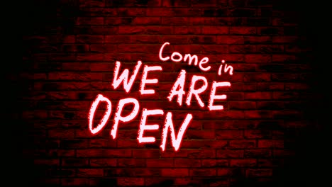 red come in we are open neon light text animation motion graphics with brick wall background