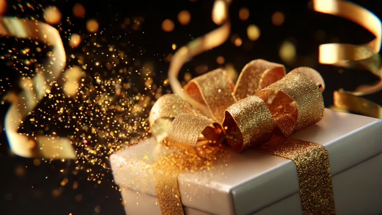 A beautifully wrapped gift box adorned with shimmering golden ribbons and sparkling confetti, capturing the essence of celebration, joy, and surprise, perfect for festive occasions and special moments