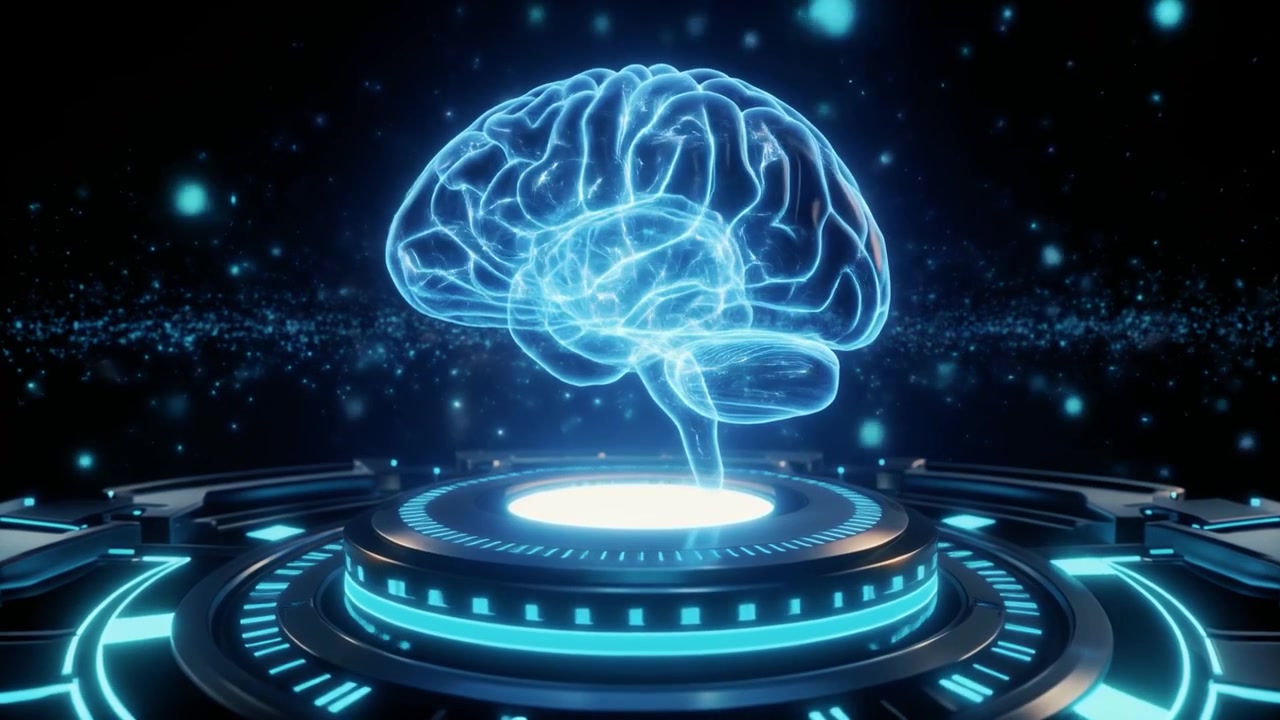 Holographic Human Brain Model Rotating on Futuristic Digital Platform