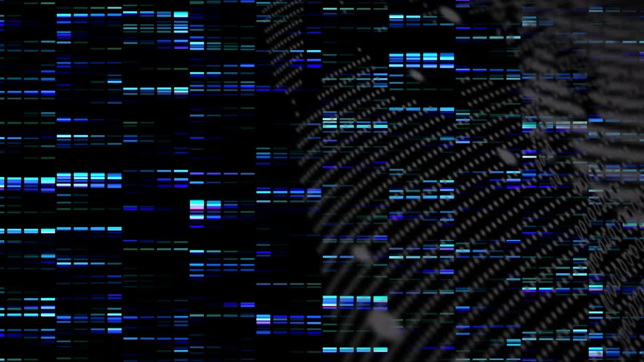 Digital animation of blue mosaic squares over spinning globe against black background