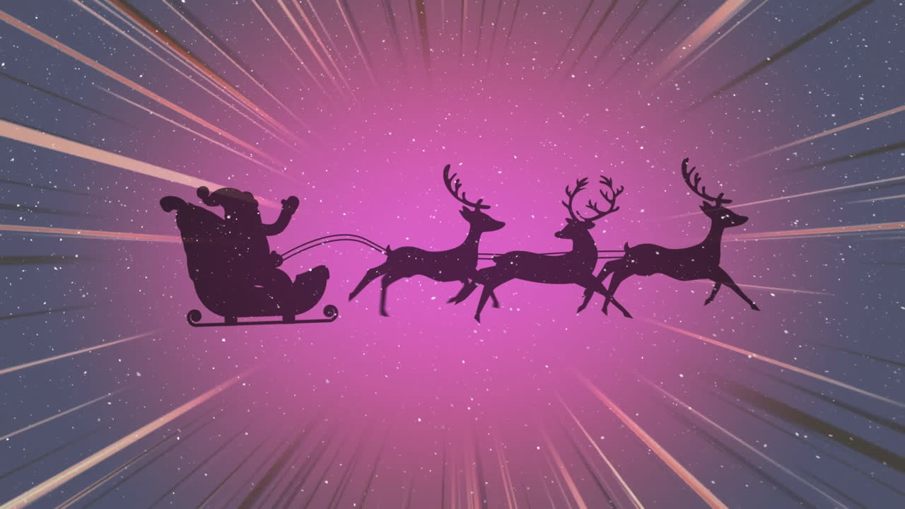 animación del trineo de santa claus sobre un fondo púrpura brillante y nieve cayendo