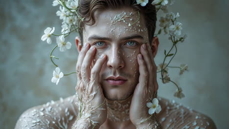 ethereal portrait of a man adorned with white flowers