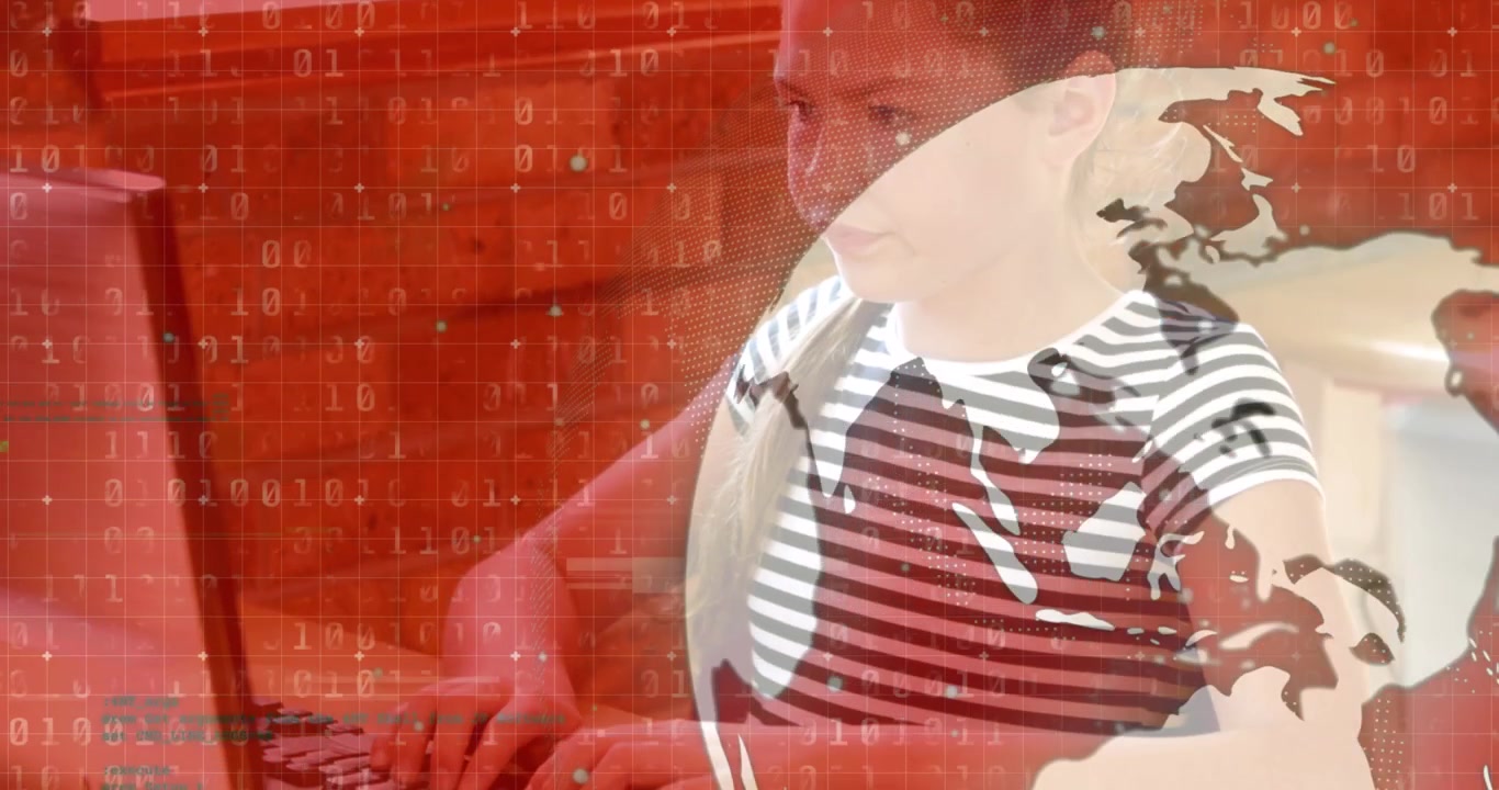 Animation of globe and data processing over caucasian schoolgirl using computer