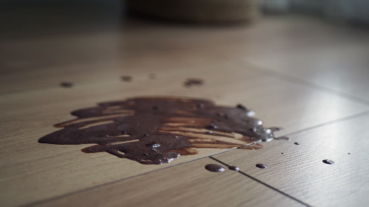 Mørk væske sølt på et tregulv