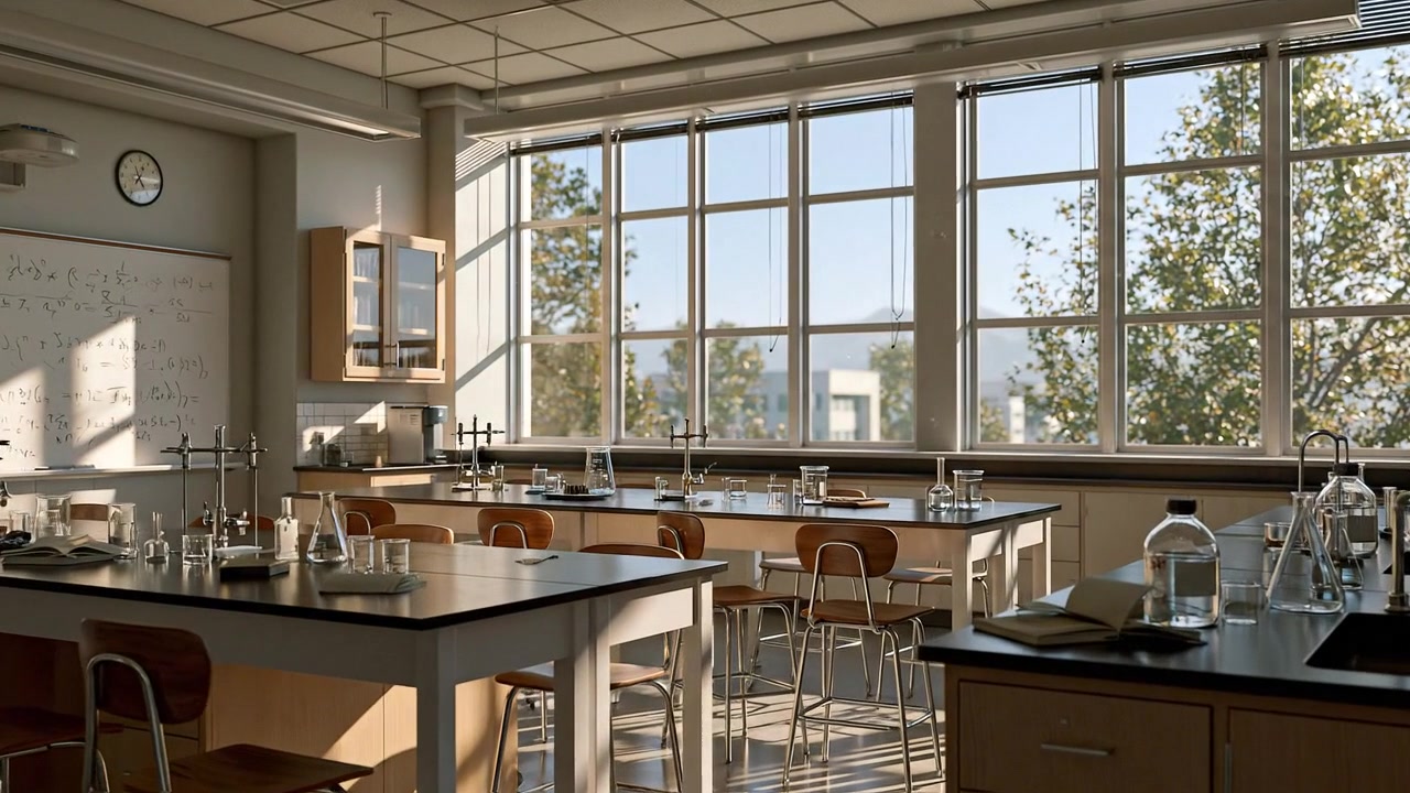 Aula laboratorio scientifico vuota con luce solare che filtra dalle finestre