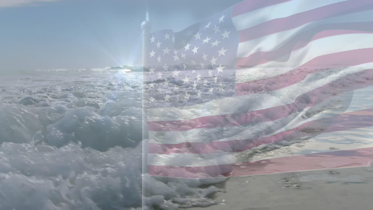 animación de la bandera de los estados unidos ondeando sobre el paisaje marino