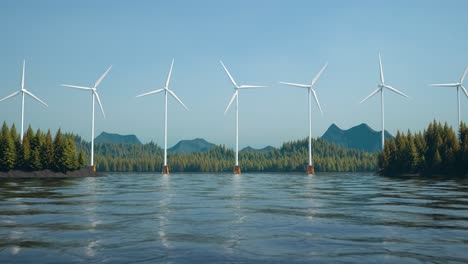 An-offshore-Windmill-farm-in-the-water.-Multiple-wind-turbines-producing-electric-power-using-the-environmental-force-of-wind-with-beautiful-mountains-in-the-background,-and-wavy-water-beneath-them.