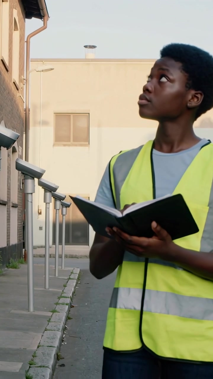 Vertical video: Reading open notebook, tech in hivis vest scanning gutter by curb and noting safety