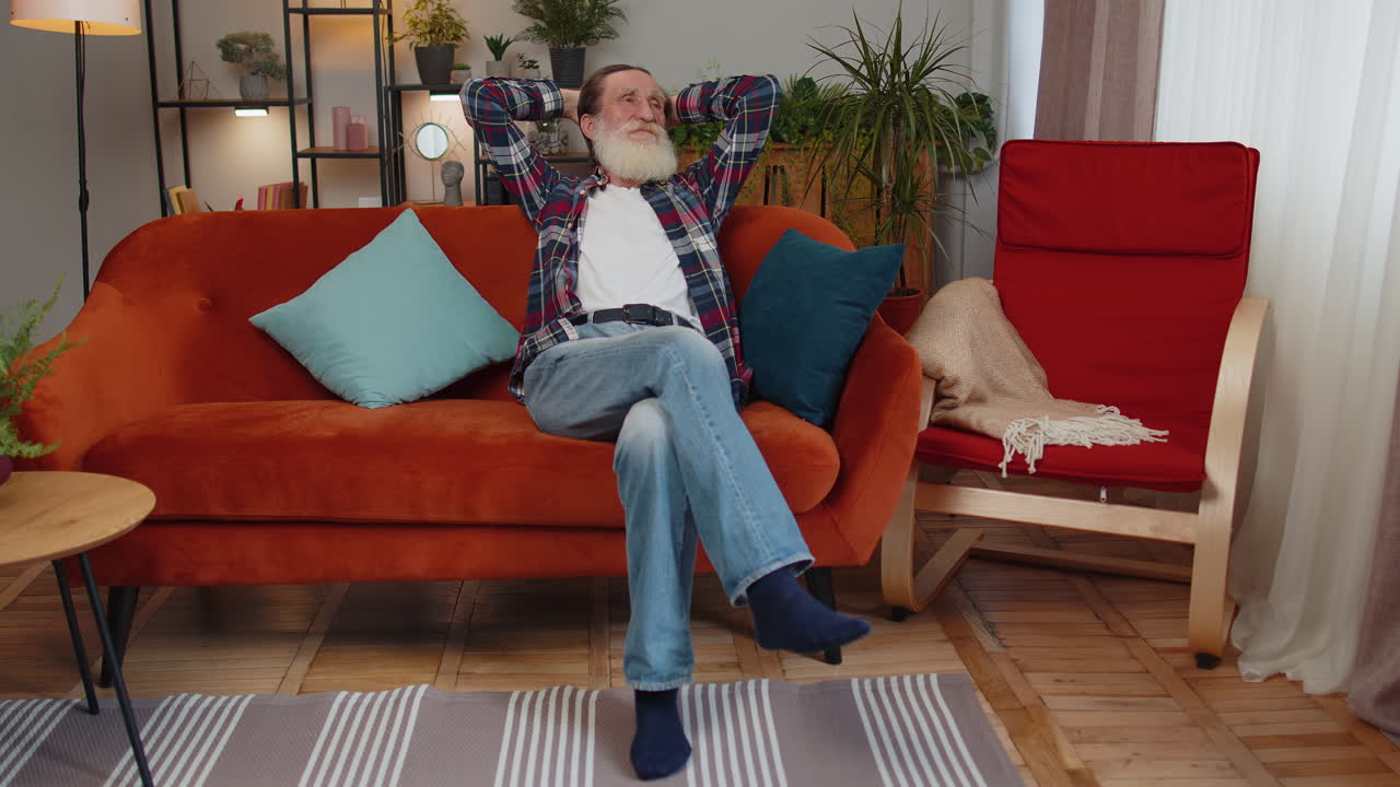 행복한 평온한 노인 미소 꿈꾸는 휴식, 휴식, 좋은 소식, 집 소파에서 만족감을 느 ⁇ 다