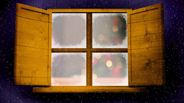 Animation of snow falling over window with christmas tree