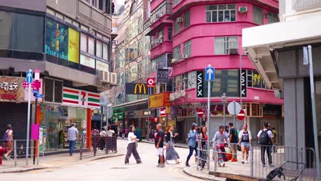 pedestrians and vehicles at a bustling city corner