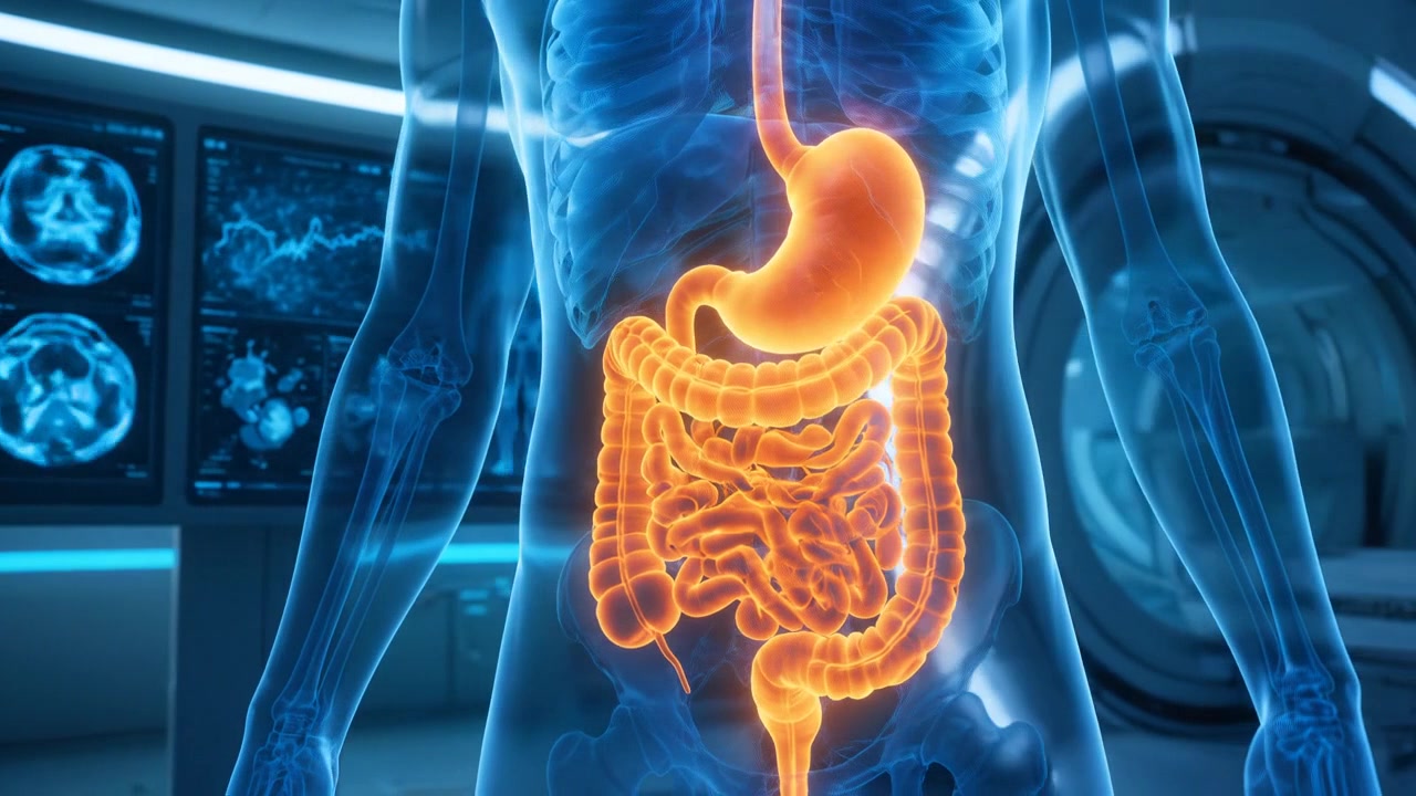 Sistema digestivo arancione luminoso all'interno di un torso umano blu trasparente su display medico digitale