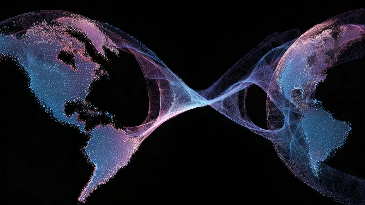 Two futuristic globes composed of flowing particles connecting continents. Symbolizing a worldwide communication network. International business. And the continuous exchange of data across the planet