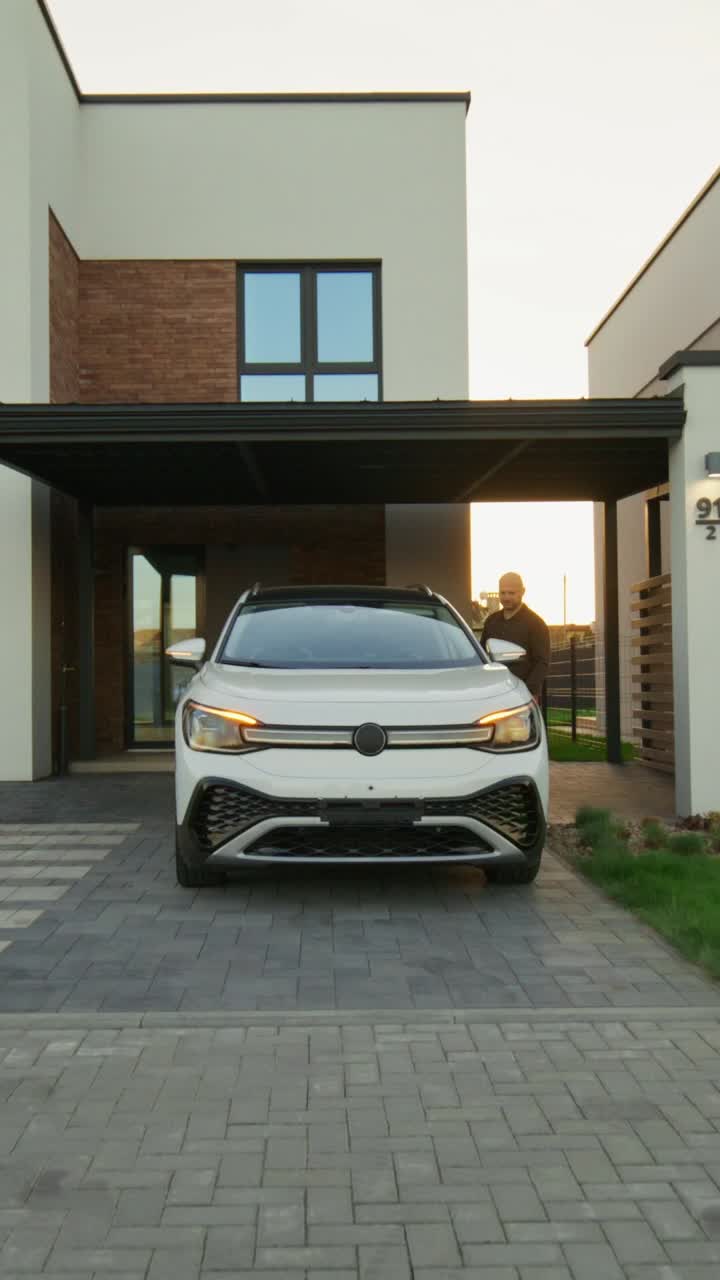 un suv moderno estacionado frente a una casa moderna