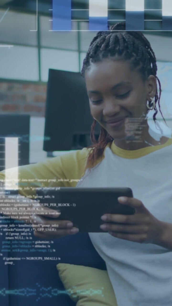 Animation of financial data processing over businesswoman in office