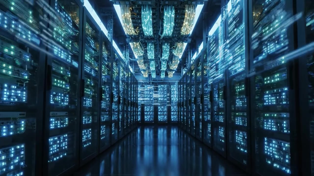 Illuminated Data Center Corridor with Rows of High-Tech Servers Showcasing Advanced Networking Infrastructure and Digital Connectivity
