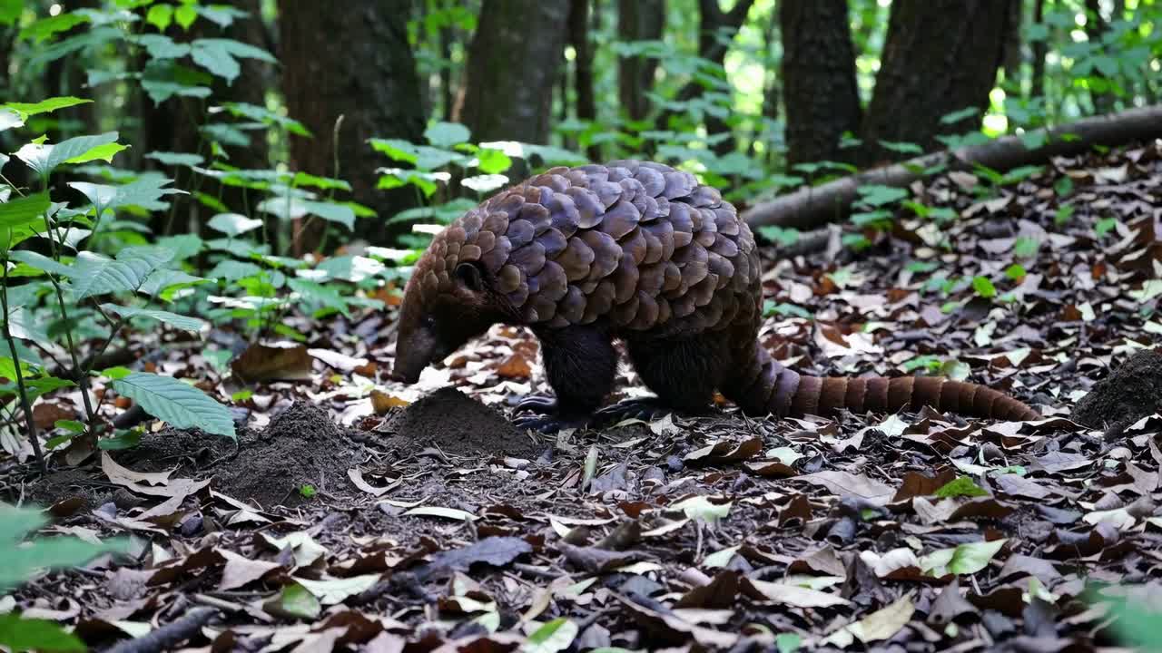 A low-angle video captures a pangolin foraging in a lush forest, highlighting its textured scales