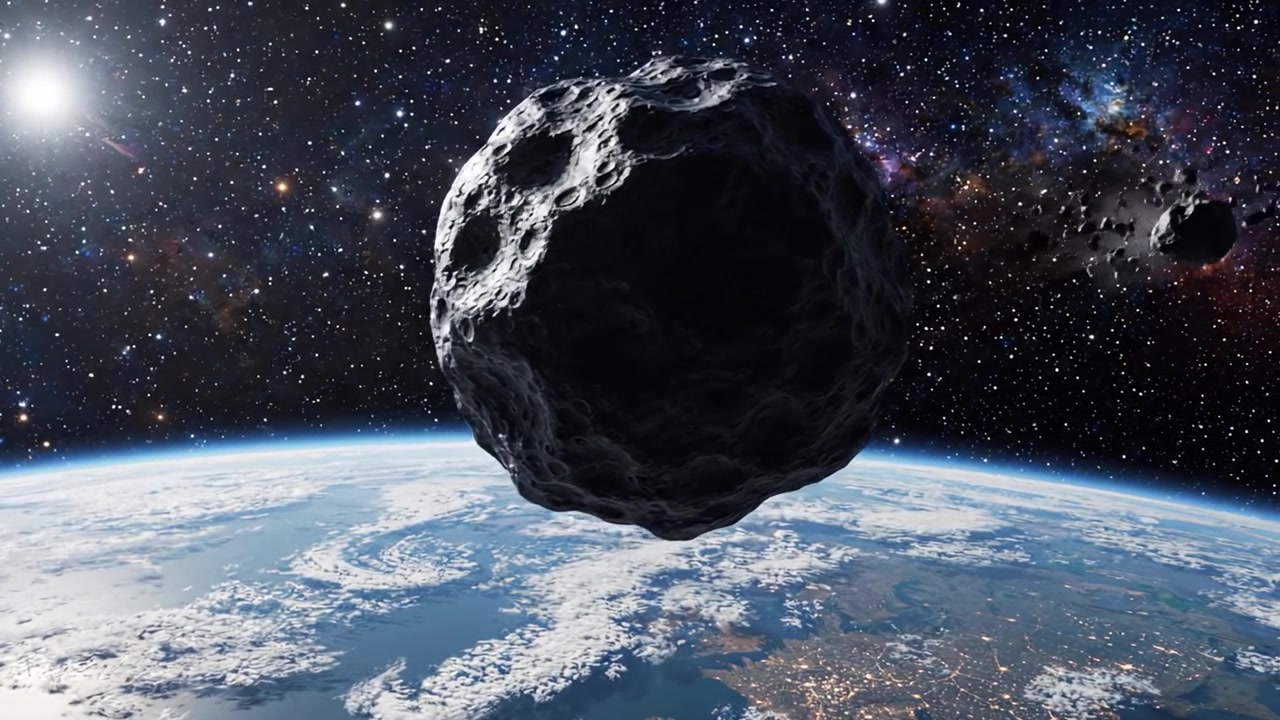 Un viaggio mozzafiato nello spazio: esplorando il magnifico asteroide che passa sopra la Terra con uno sfondo stellato brillante.