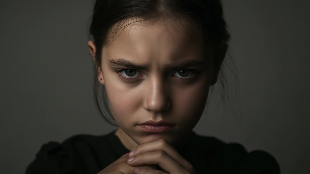 Sequence starting in studio preteen tightening brows with hands clasping under chin, contemplating