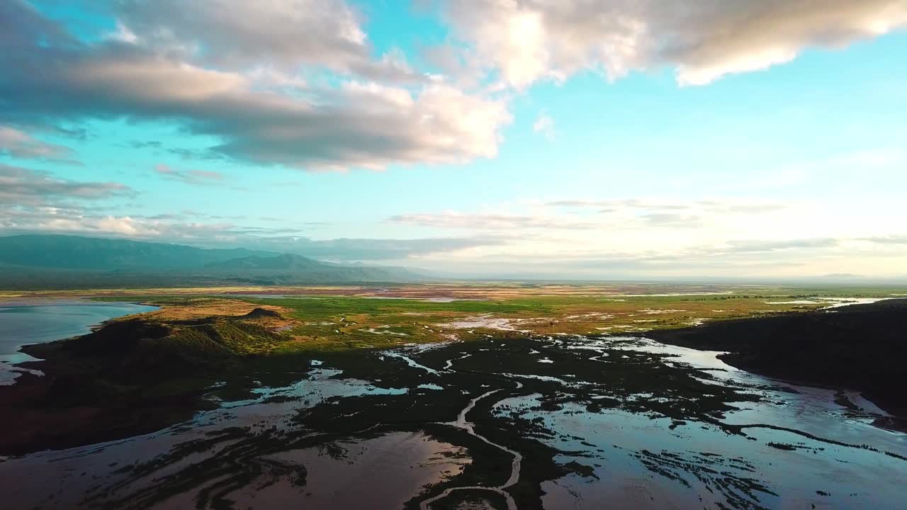 Amazing Landscape Of Soda Lake Natron In Northern Tanzania, Africa. Aerial Wide Shot