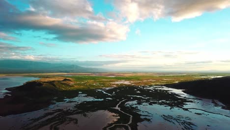 amazing landscape of soda lake natron in northern tanzania, africa. aerial wide shot