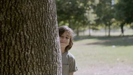 medium shot of cheerful boy peeping out of tree and smiling