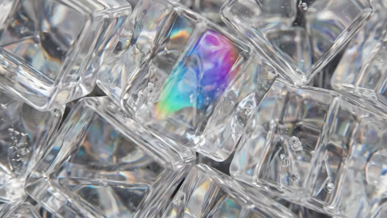 Primo piano di cubetti di ghiaccio che si sciolgono con il riflesso della luce arcobaleno