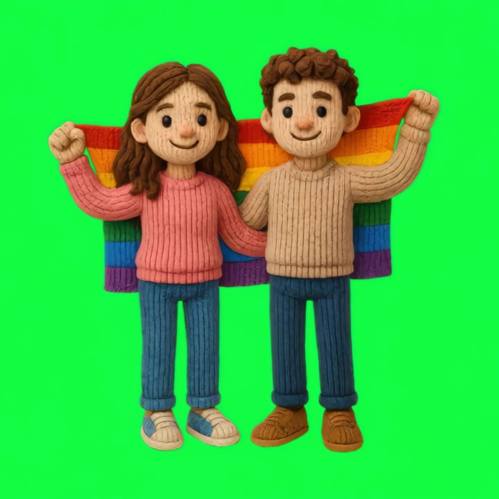 Coppia in plastilina che regge una bandiera arcobaleno del Pride