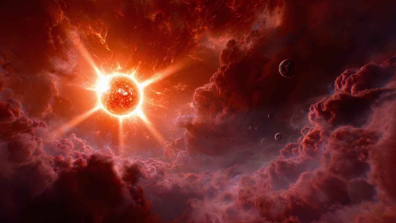 A breathtaking cosmic scene unfolds as a brilliant sun radiates its fiery light amidst swirling clouds and distant planets, capturing the grandeur of the universe in its majestic beauty