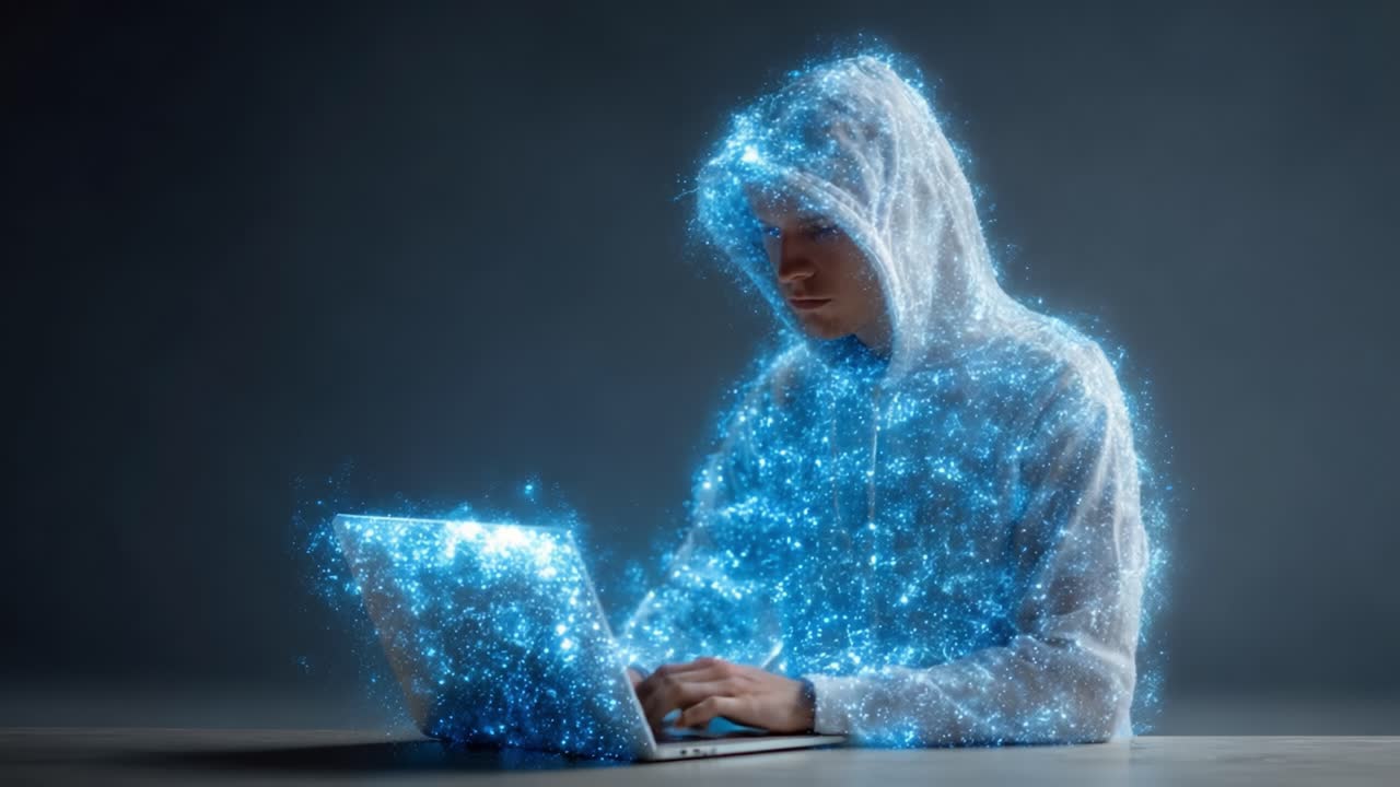 A Digital Dreamer: Exploring the Interaction Between a Hooded Figure and a Sparkling Laptop in a Mystical Glow of Technology and Creativity