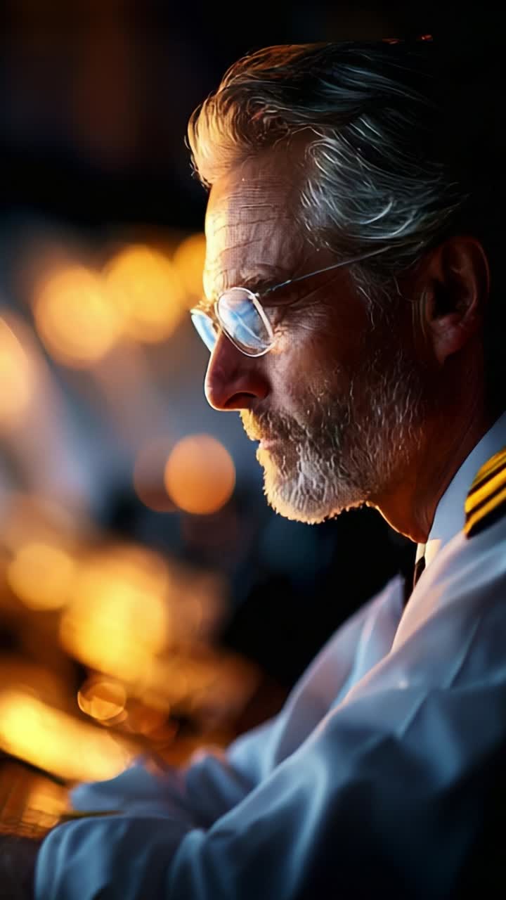 A seasoned pilot intently focusing on navigation controls, illuminated by warm light, showcasing the essence of aviation expertise and dedication in flight