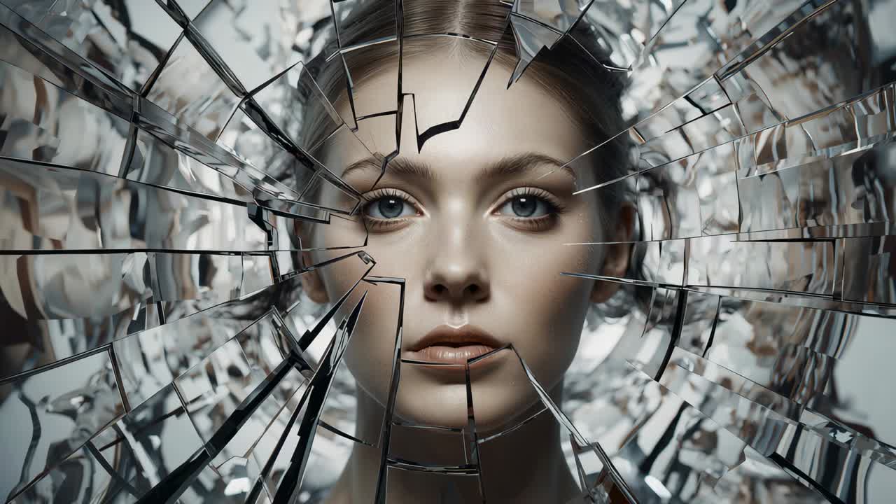 Reazione allo spostamento del riflesso, modella che chiude e poi apre gli occhi in studio tra schegge di vetro radiali