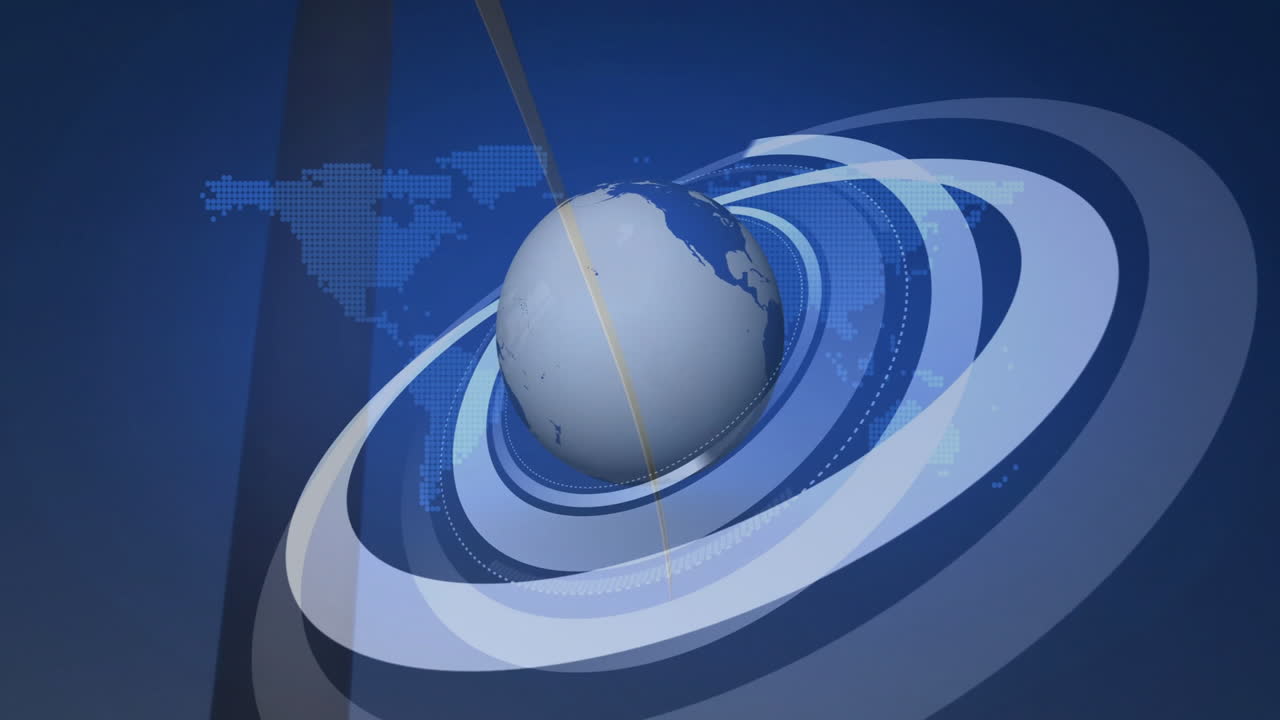 Animation of rotating globe with digital rings over world map background