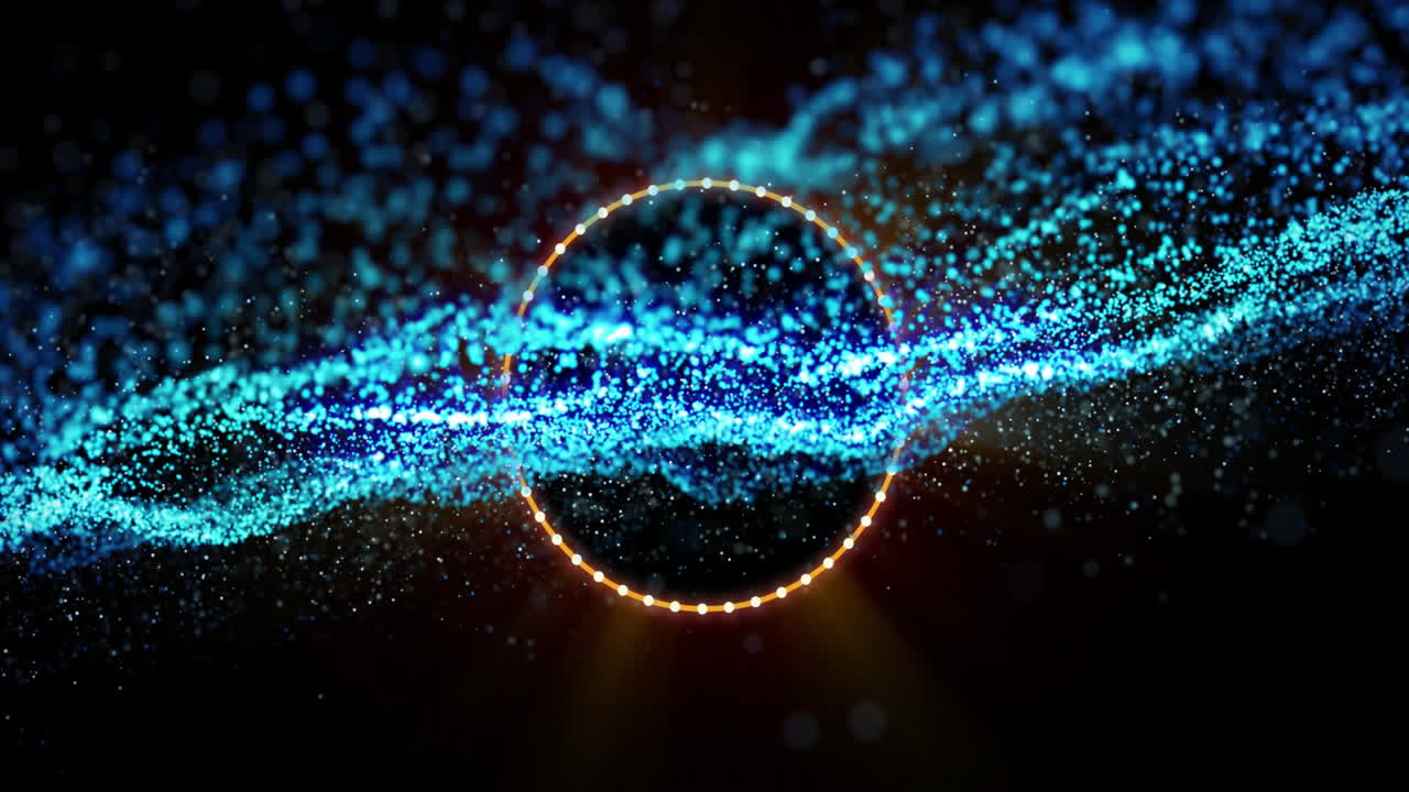 Digital abstract scene showing glowing blue cyan particles streaming through golden dotted circle