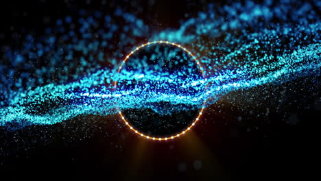 digital abstract scene showing glowing blue cyan particles streaming through golden dotted circle