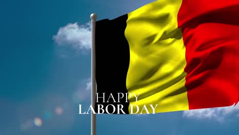 Animation-of-happy-labor-day-text-over-flag-of-belgium-and-clouds