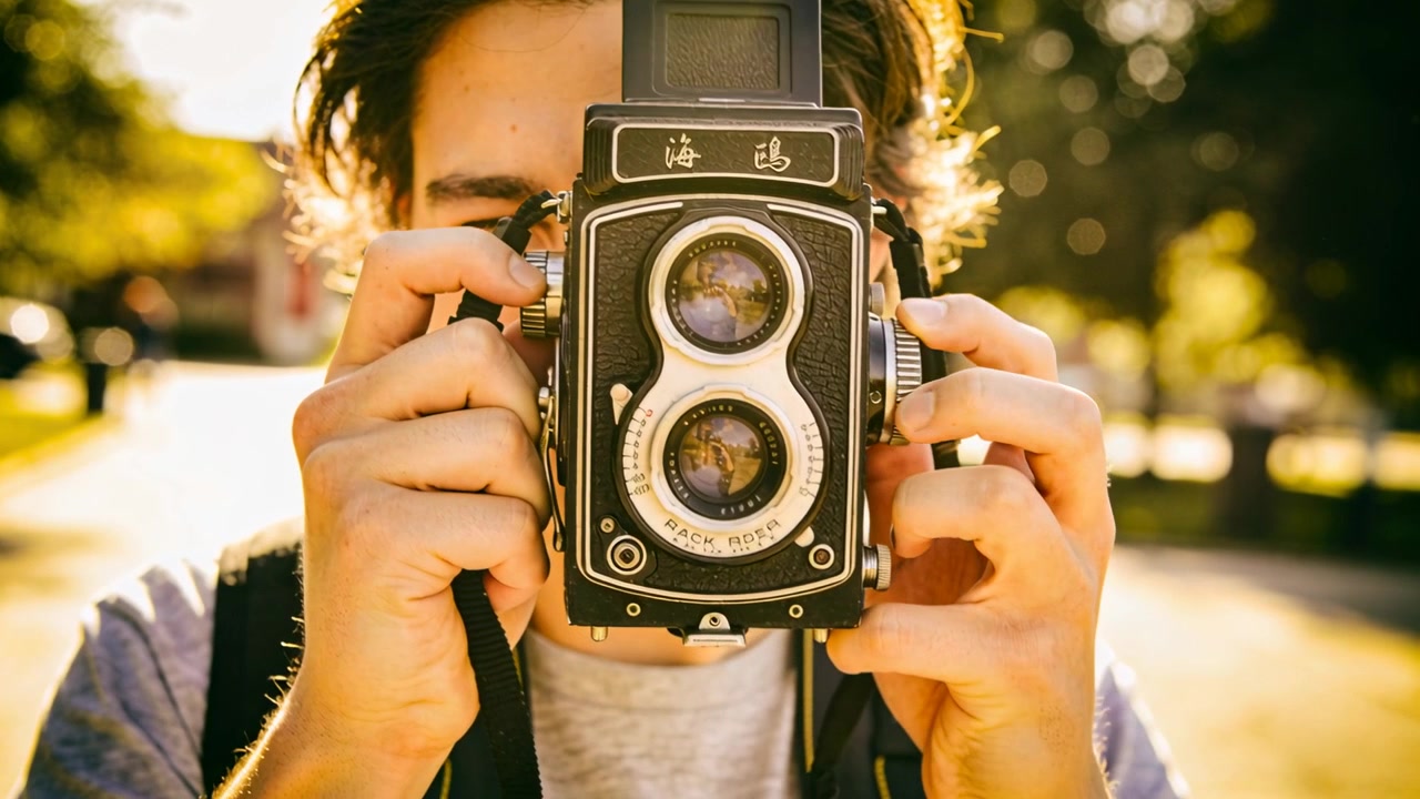 Un fotografo alza la macchina fotografica, regolando i controlli della doppia lente su un sentiero soleggiato del parco, mentre inquadra una foto.