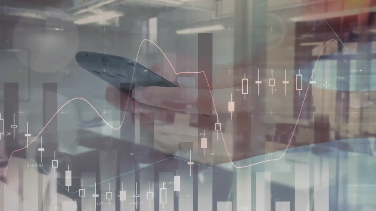 Animation of data processing over mid section of woman using a smartphone against empty office