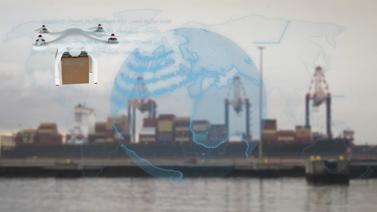 Animation of network of connections over drone with parcel over shipyard
