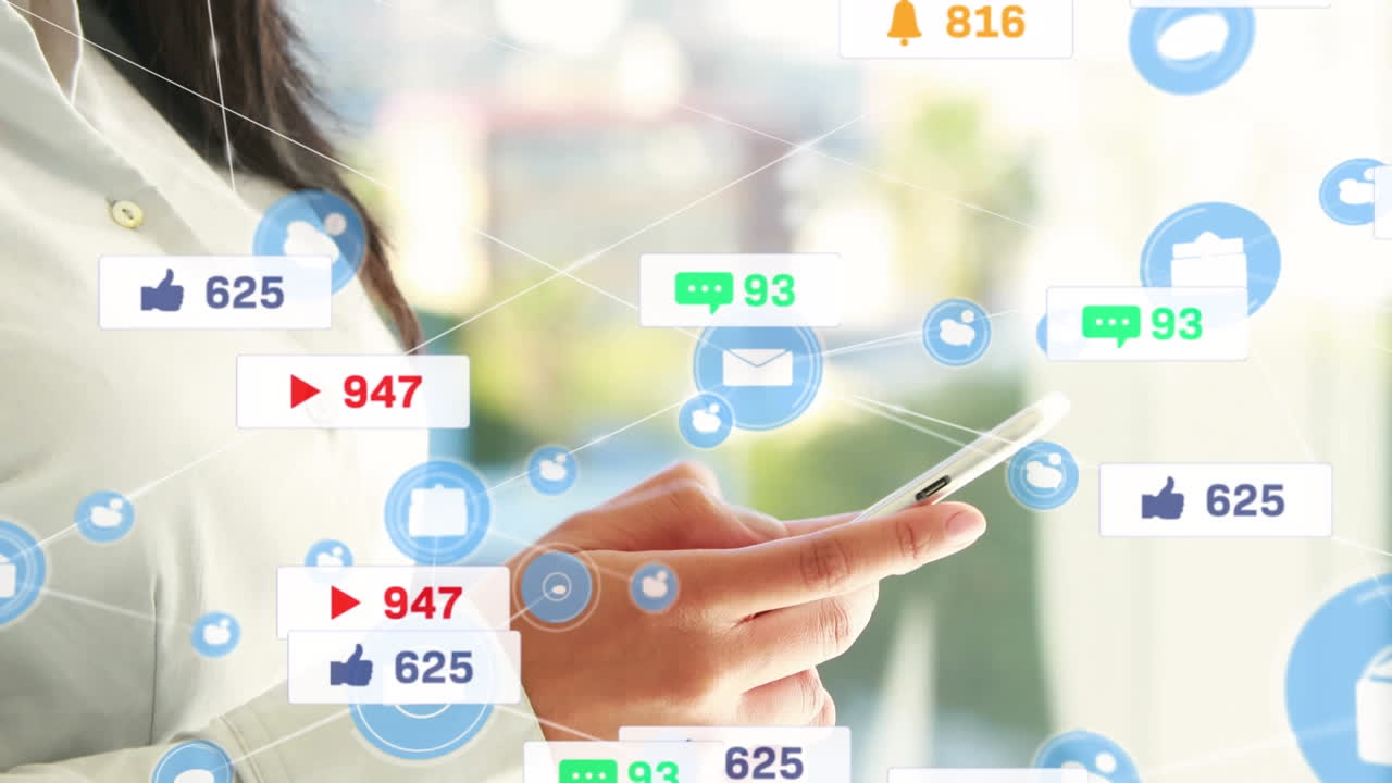 Animation if icons, numbers in message boxes, connected icons, smiling asian woman using cellphone