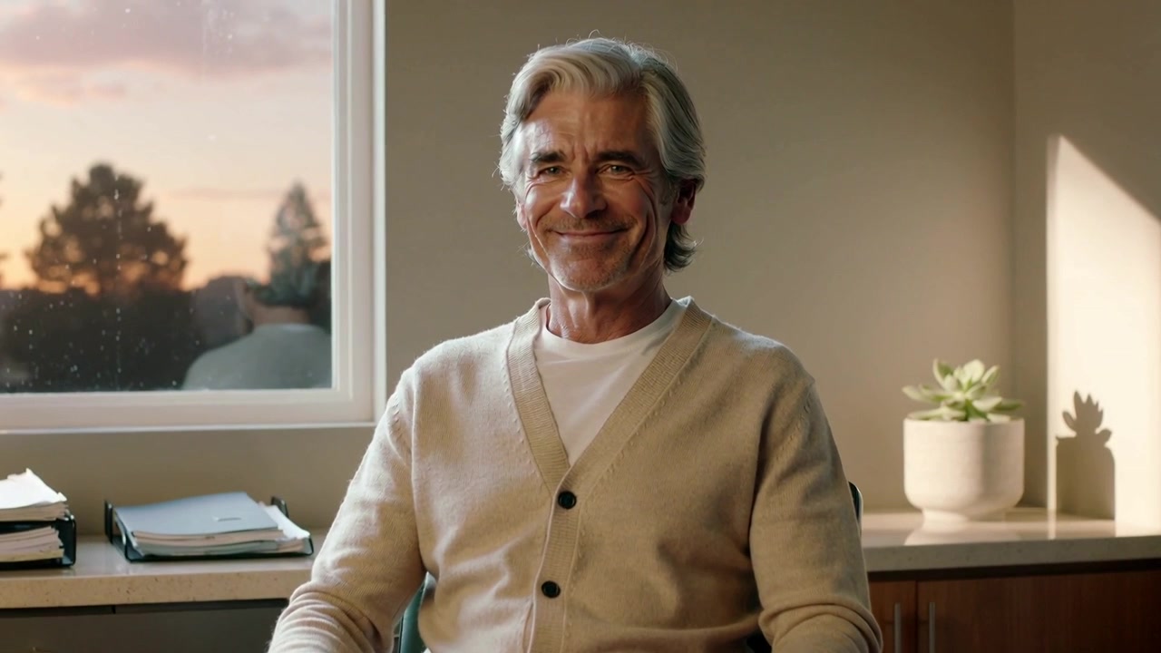 Homem idoso sorrindo, iluminado pela luz do pôr do sol, inclina-se para a frente em uma clínica, de cardigã, em uma cadeira com braços.