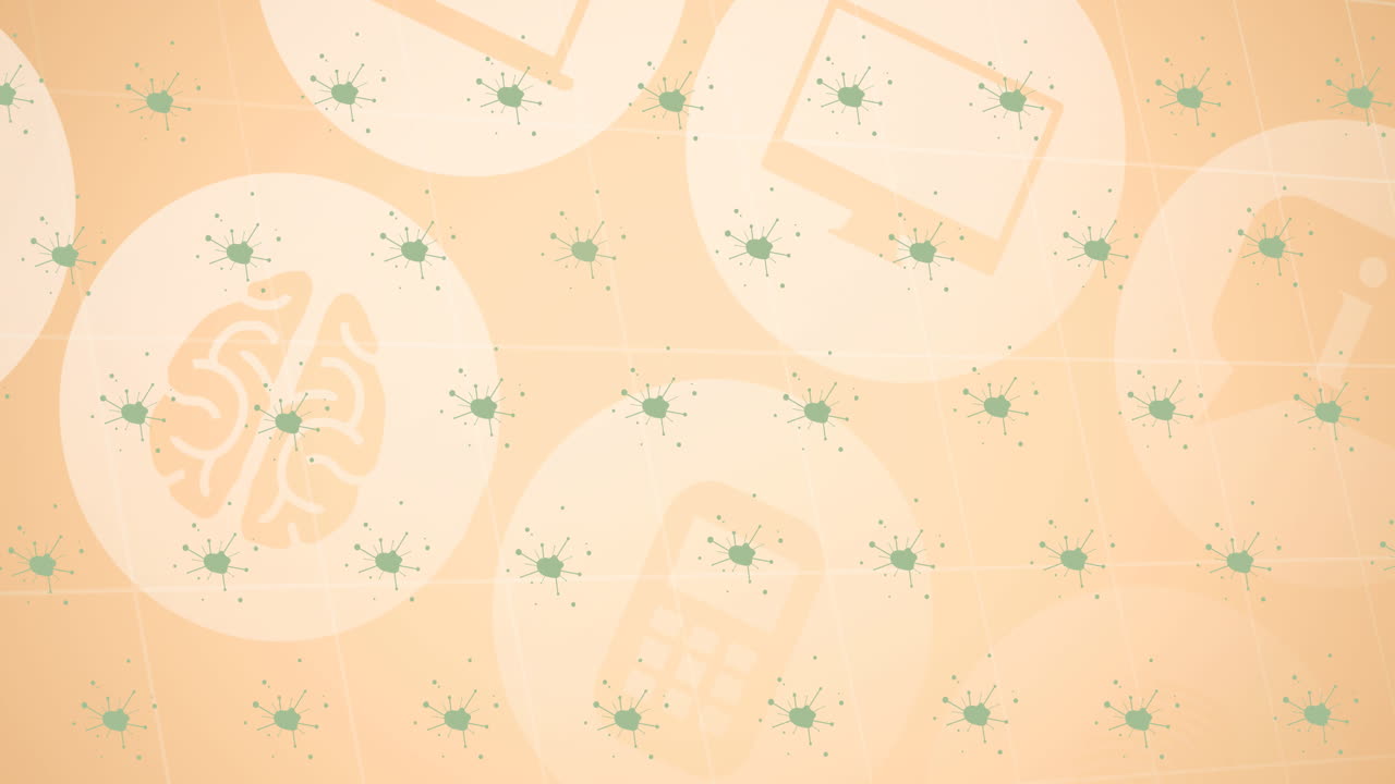 오렌지색 배경의 디지털 아이콘 위에 코로나19 바이러스 세포의 애니메이션