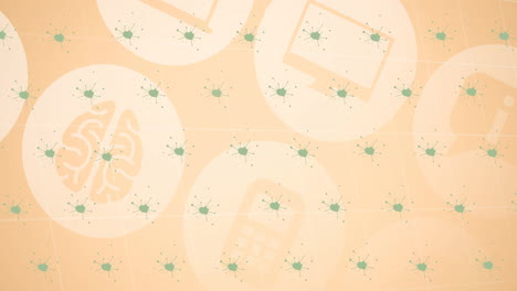 animación de las células del virus covid 19 sobre iconos digitales en fondo naranja
