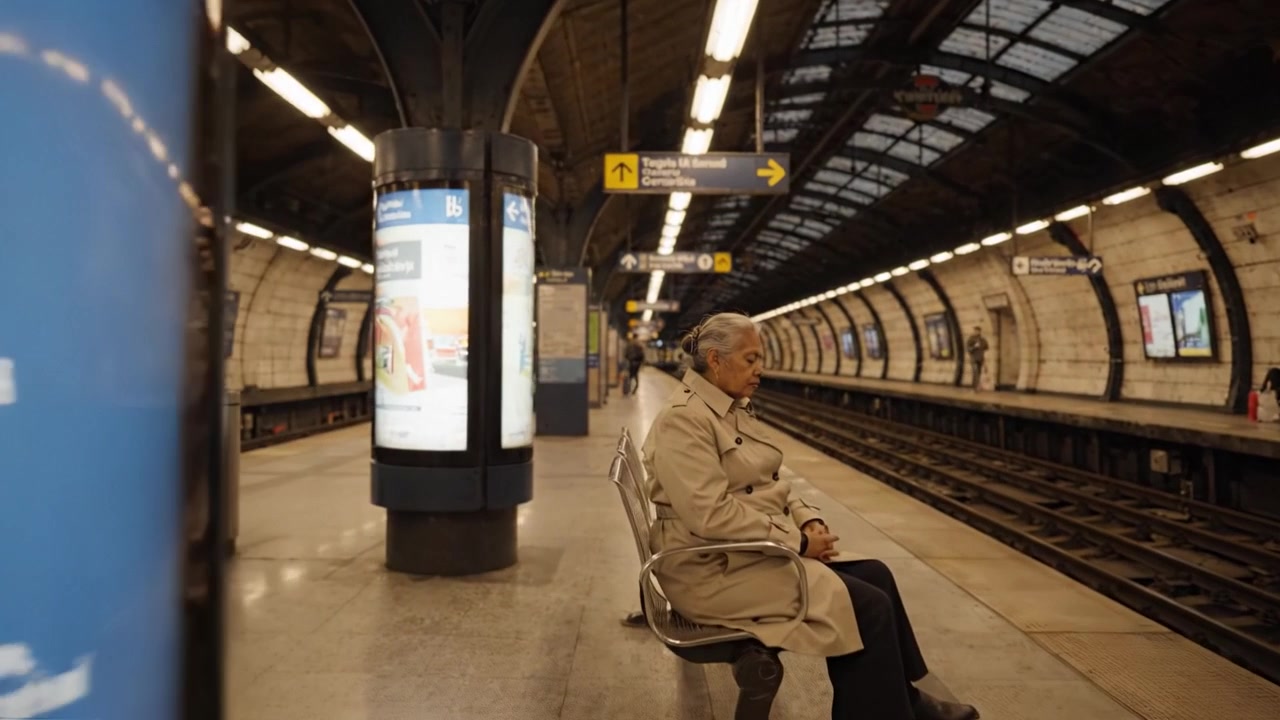 Una figura solitaria attende in una tranquilla stazione della metropolitana sotterranea, circondata da pubblicità e binari vuoti, evidenziando momenti di quiete e transito.