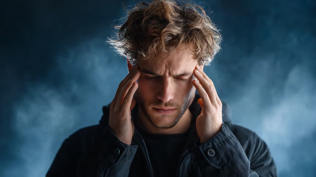 A Young Man Struggles with Overwhelming Stress and Confusion, Touching His Temples while Battling Inner Turmoil in a Dramatic Blue-Hued Atmosphere