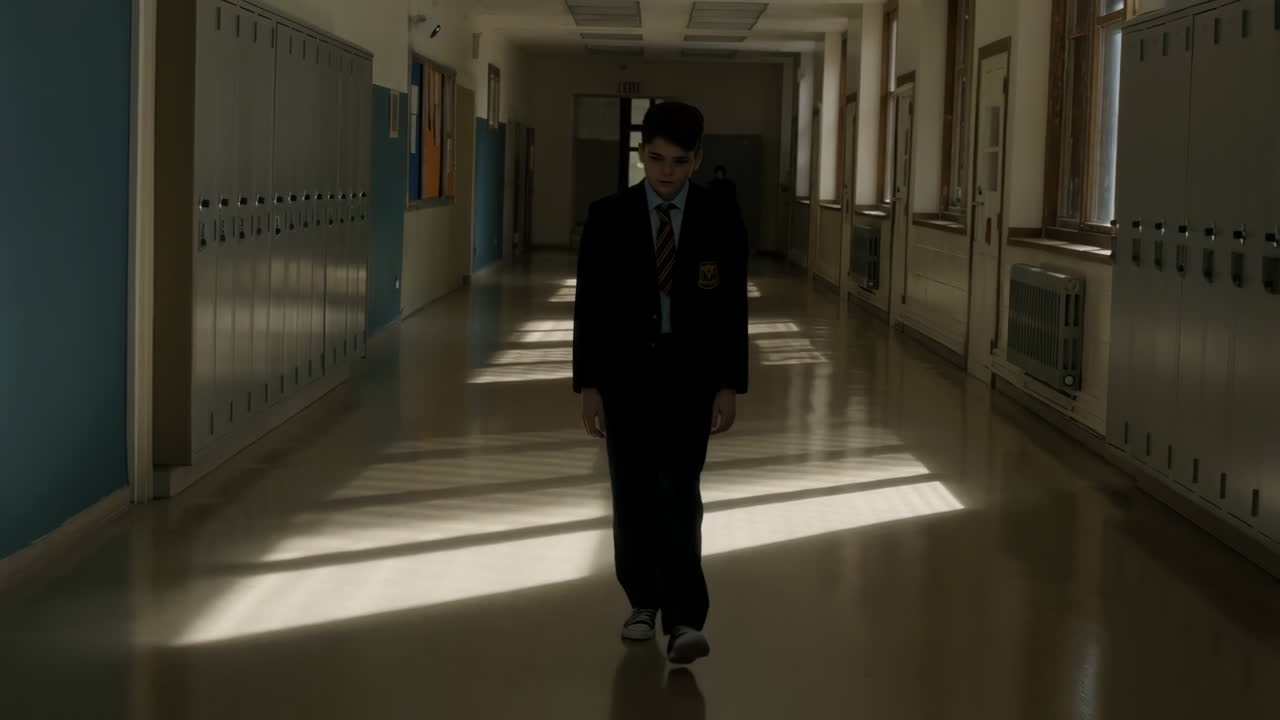 A young boy in a school uniform walks alone down a sunlit school hallway