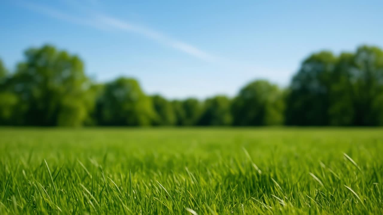 Low-angle video capturing a serene grassy field under a clear blue sky, with distant trees