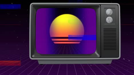 Alter-TV-Beitrag,-Der-Eine-Orangefarbene-Scheibe-Vor-Einem-Weltraumhintergrund-Mit-Knisternder-TV-Animation-Auf-Der-Vorderseite-Zeigt